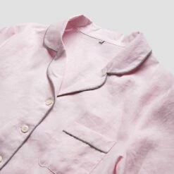 Blush Pink Linen Pajama Shirt (Top Only) 11 Blush Pink Linen Pajama Shirt (Top Only) -Bed Linings Sales Shop Blush Pink Linen Pajama Shirt Detail Piglet in Bed 1