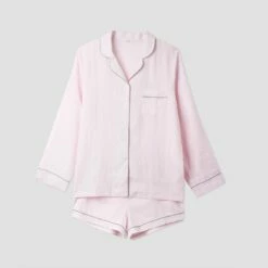 Blush Pink Linen Pajama Shorts Set -Bed Linings Sales Shop Blush Pink Linen Pajama Shorts Set Piglet in Bed 1