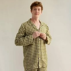 Men's Botanical Green Gingham Linen Pajama Shirt (Top Only)