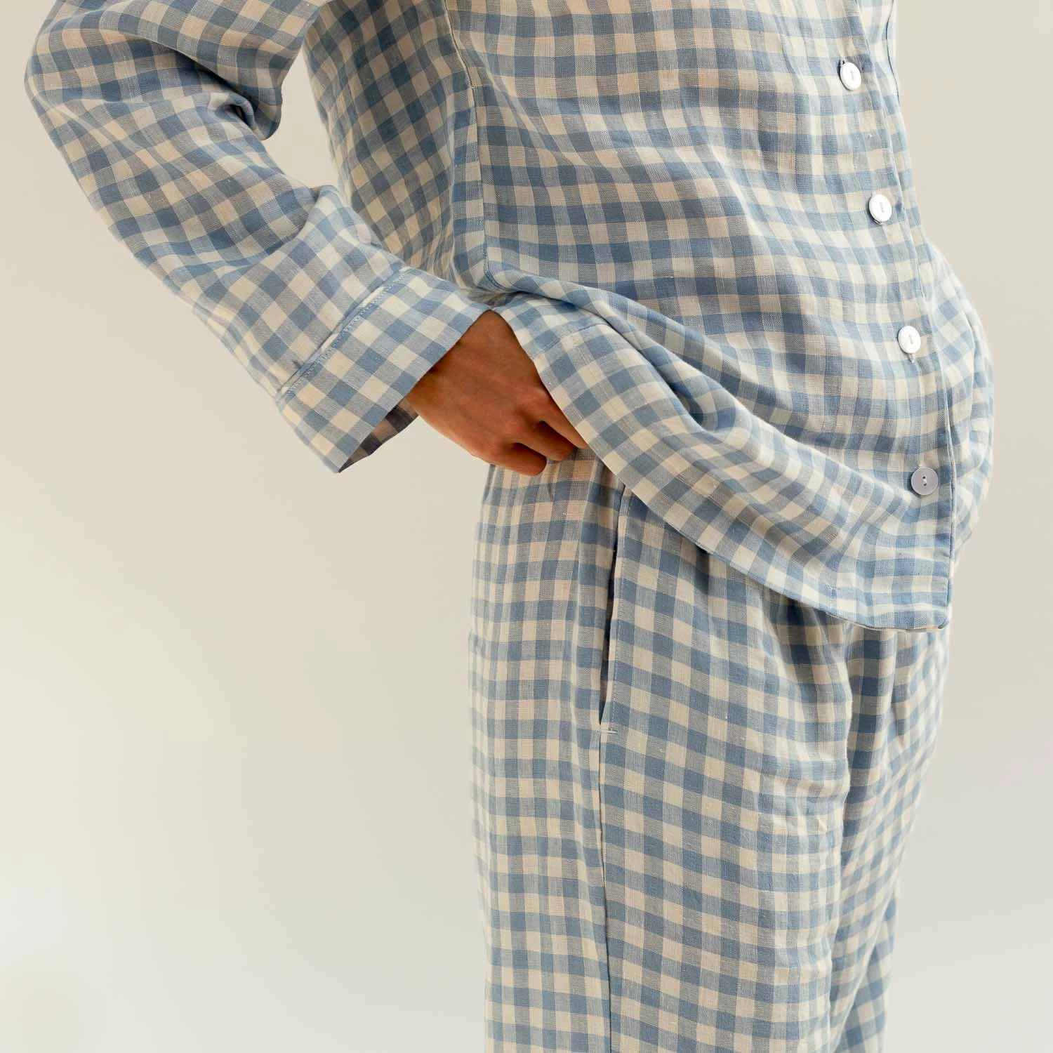 Warm Blue Gingham Linen Pajama Set 11 Warm Blue Gingham Linen Pajama Set - Image 9