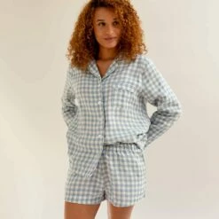 Warm Blue Gingham Linen Pajama Shirt (Top Only) -Bed Linings Sales Shop EG PIGLET ECOMM LOWRES 0978 1