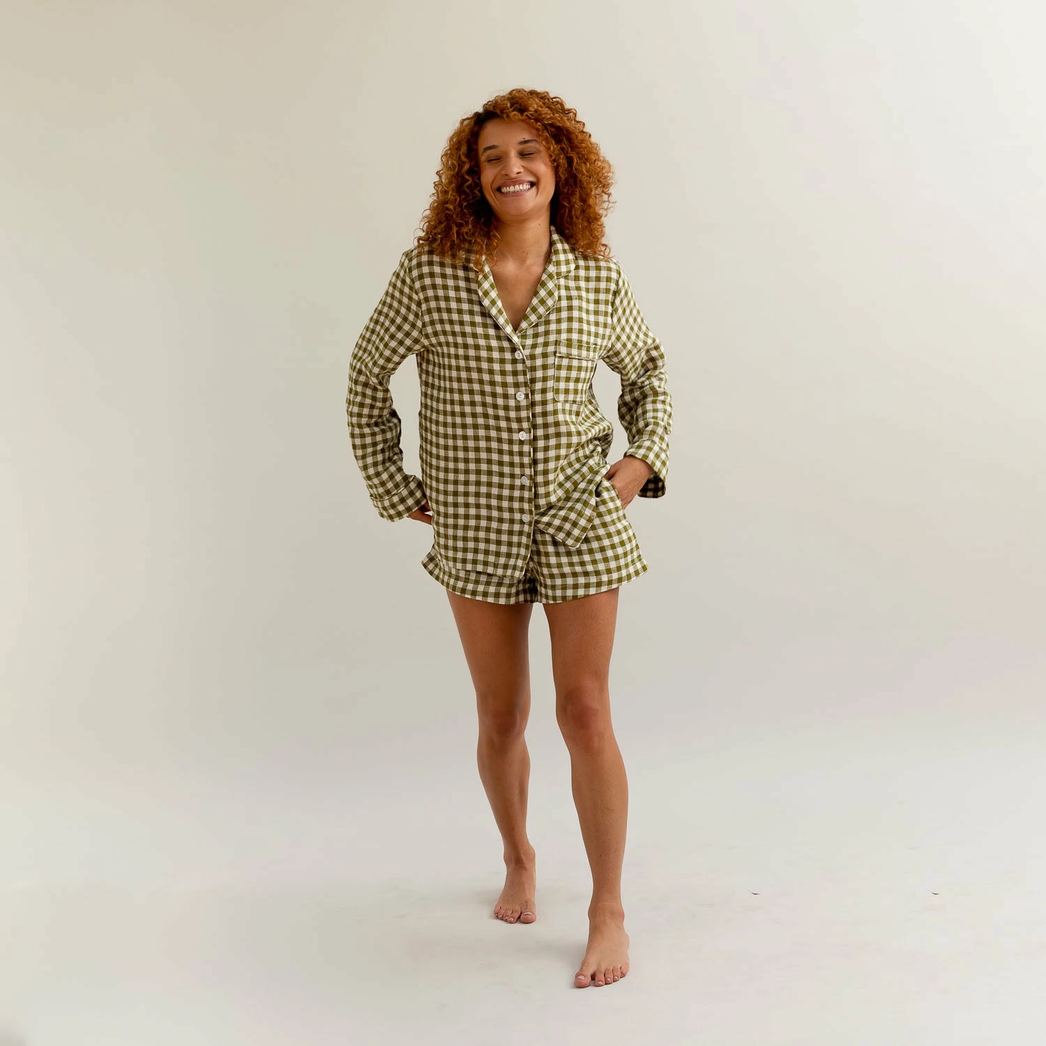 Botanical Green Gingham Linen Pajama Shorts 6 Botanical Green Gingham Linen Pajama Shorts - Image 4