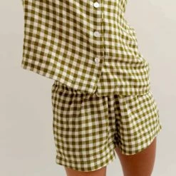 Botanical Green Gingham Linen Pajama Shorts