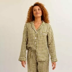 Botanical Green Gingham Linen Pajama Shirt (Top Only)