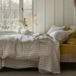 Dusk Blue Ticking Stripe Linen Flat Sheet