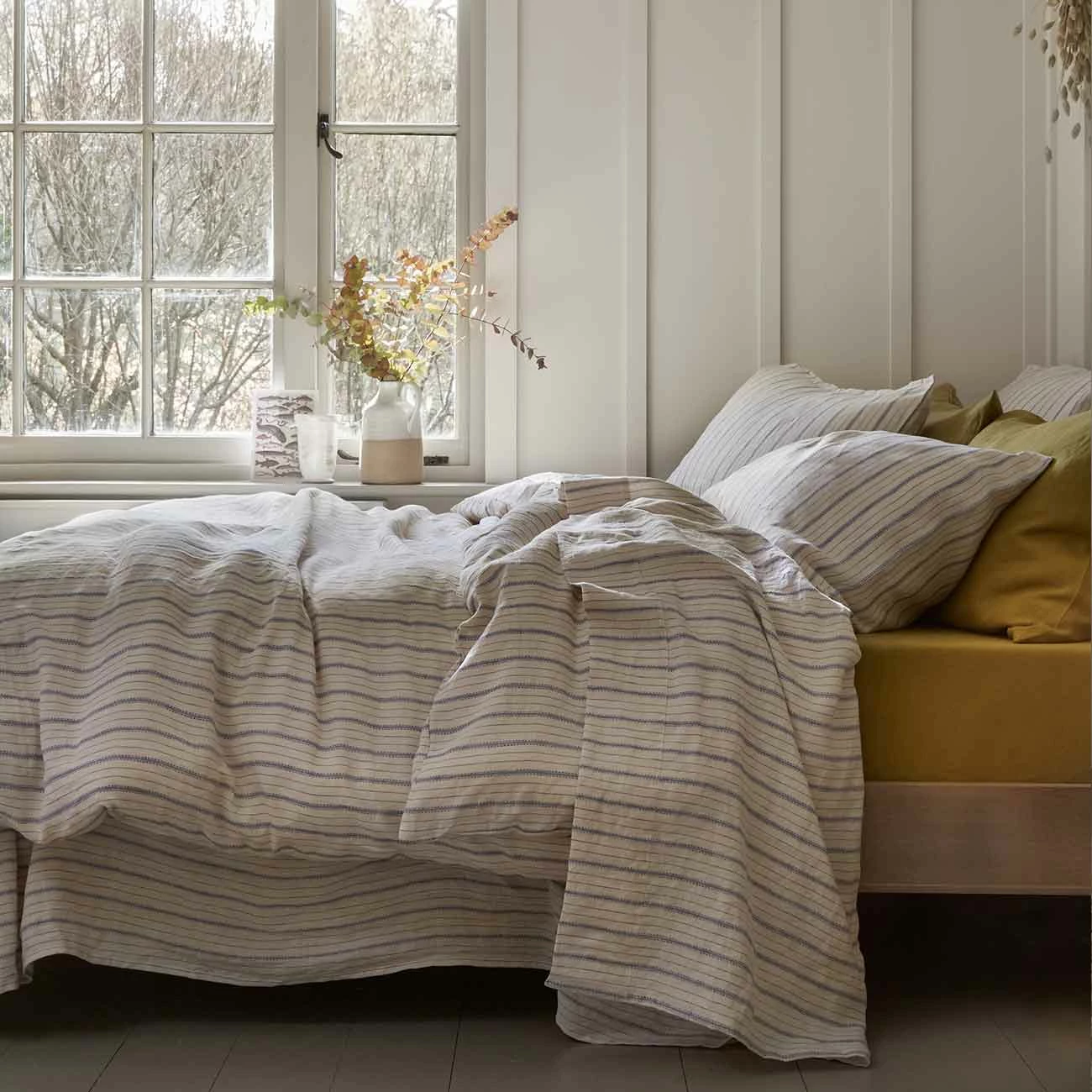 Dusk Blue Ticking Stripe Linen Flat Sheet 3 Dusk Blue Ticking Stripe Linen Flat Sheet