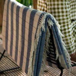 Warm Blue Checked Stripe Wool Blanket -Bed Linings Sales Shop Piglet in Bed Checked Stripe Wool Blanket Warm Blue Lifestyle 3 1