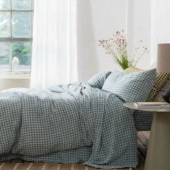 Warm Blue Gingham Linen Pillowcases (Pair) -Bed Linings Sales Shop Piglet in Bed Gingham Linen Bedding Warm Blue Lifestyle 1 f5b17d57 5256 4a38 8579 b1b8ef2556e0 1
