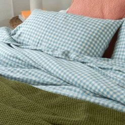 Warm Blue Gingham Linen Flat Sheet -Bed Linings Sales Shop Piglet in Bed Gingham Linen Bedding Warm Blue Lifestyle 5.1