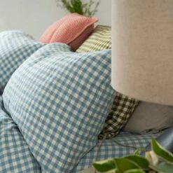 Warm Blue Gingham Linen Pillowcases (Pair) -Bed Linings Sales Shop Piglet in Bed Gingham Linen Bedding Warm Blue Lifestyle 6 1
