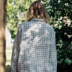 Warm Blue Gingham Linen Pajama Shirt (Top Only) -Bed Linings Sales Shop Piglet in Bed Gingham Linen Pyjama Shirt Warm Blue Lifestyle 2 1