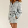 Warm Blue Gingham Linen Pajama Shorts -Bed Linings Sales Shop Piglet in Bed Gingham Pyjamas Shorts Warm Blue 1