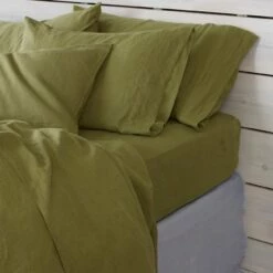 Botanical Green Linen Fitted Sheet 9 Botanical Green Linen Fitted Sheet -Bed Linings Sales Shop Piglet in Bed Linen Fitted Sheet Botanical Green Lifestyle 1