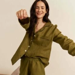 Moss Plain Linen Pajama Shorts Set 11 Moss Plain Linen Pajama Shorts Set -Bed Linings Sales Shop Piglet in Bed Linen Pyjama Shorts Set Moss 2 1