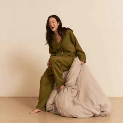 Moss Linen Pajama Pants -Bed Linings Sales Shop Piglet in Bed Linen Pyjama Trouser Set Moss 1