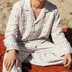 Men's Mushroom Gingham Pajama Pants -Bed Linings Sales Shop Piglet in Bed Mens Mushroom Gingham Pyjama Trouser Set Lifestyle 2 1