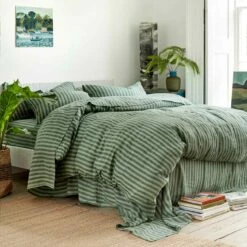 Pine Green Stripe Linen Duvet Cover
