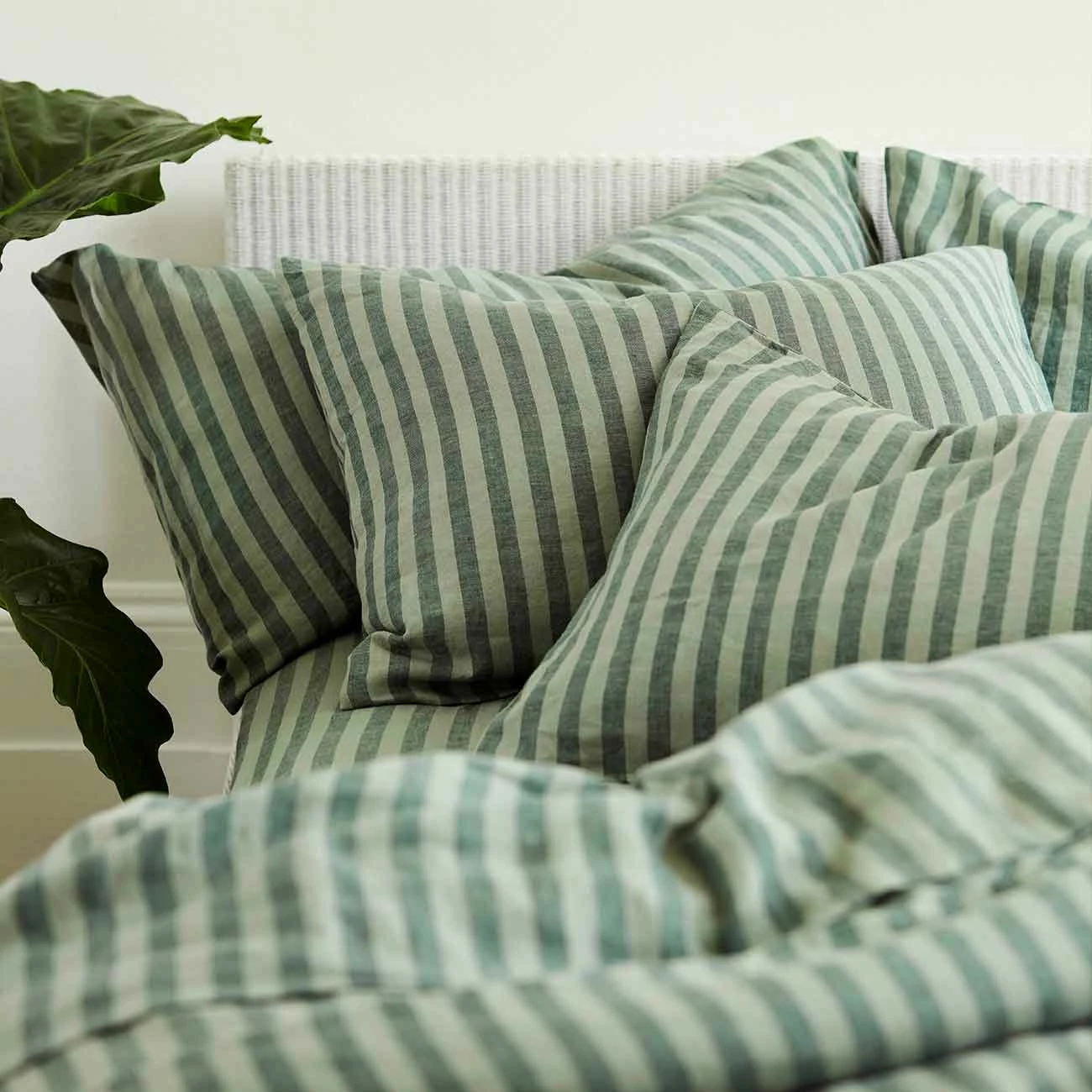 Pine Green Stripe Linen Pillowcases (Pair) 3 Pine Green Stripe Linen Pillowcases (Pair)