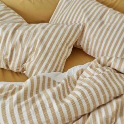 Ochre Seersucker Stripe Cotton Pillowcases (Pair) 9 Ochre Seersucker Stripe Cotton Pillowcases (Pair) -Bed Linings Sales Shop Piglet in Bed Seersucker Stripe Bedding Ochre 4