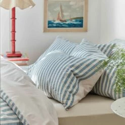 Warm Blue Seersucker Stripe Cotton Pillowcases (Pair)