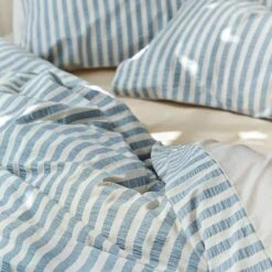Warm Blue Seersucker Stripe Cotton Duvet Cover -Bed Linings Sales Shop Piglet in Bed Seersucker Stripe Bedding Warm Blue 4