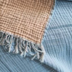 Warm Blue & Cafe Au Lait Textured Cotton Throw -Bed Linings Sales Shop Piglet in Bed Textured Cotton Throw WarmBlue CafeauLait Lifestyle 2