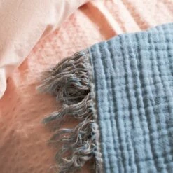 Warm Blue & Cafe Au Lait Textured Cotton Throw -Bed Linings Sales Shop Piglet in Bed Textured Cotton Throw WarmBlue CafeauLait Lifestyle 3