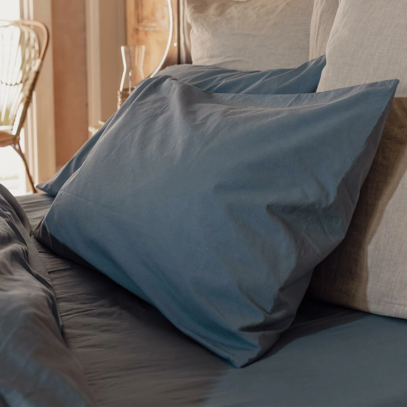 Cove Blue Washed Percale Cotton Pillowcases (Pair) 3 Cove Blue Washed Percale Cotton Pillowcases (Pair)