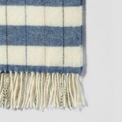 Warm Blue Checked Stripe Wool Blanket -Bed Linings Sales Shop PigletinBed CheckedStripeWoolBlanket WarmBlue 2 greyBG 1