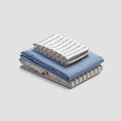Warm Blue Seersucker Stripe Cotton Bundle -Bed Linings Sales Shop PigletinBed CottonBasicBundle WarmBlueSeersuckerStripe Mix Match V1 CoveBlue greyBG