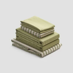 Pear Seersucker Stripe Cotton Bundle -Bed Linings Sales Shop PigletinBed CottonBedtimeBundle PearSeersuckerStripe Mix Match V1 Pear greyBG