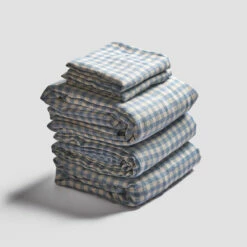 Warm Blue Gingham Linen Bedtime Bundle -Bed Linings Sales Shop PigletinBed GinghamBeddingBedtimeBundle WarmBlue 1 greyBG