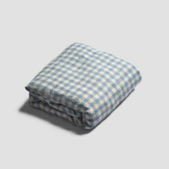 Warm Blue Gingham Linen Fitted Sheet -Bed Linings Sales Shop PigletinBed GinghamBeddingFittedSheet WarmBlue 1 greyBG