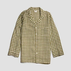 Men's Botanical Green Gingham Linen Pajama Shirt (Top Only) -Bed Linings Sales Shop PigletinBed GinghamMensShirt BotanicGreen 1 greybg