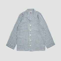 Men's Warm Blue Gingham Linen Pajama Shirt -Bed Linings Sales Shop PigletinBed GinghamPyjamas Shirt WarmBlue 1 greyBG 1
