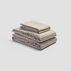 Mushroom Gingham Linen Sheet Set