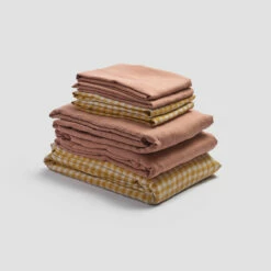 Honey Gingham Linen Bundle 19 Honey Gingham Linen Bundle -Bed Linings Sales Shop PigletinBed LinenBedtimeBundle HoneyGingham Mix Match V3 WarmClay greyBG