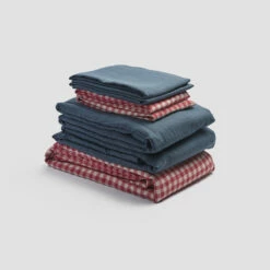 Mineral Red Gingham Linen Bundle -Bed Linings Sales Shop PigletinBed LinenBedtimeBundle MineralRedGingham Mix Match V2 DeepTeal greyBG 1