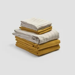 Pear Ticking Stripe Linen Bundle -Bed Linings Sales Shop PigletinBed LinenBedtimeBundleV3 PearTickingStripe 1 greyBG