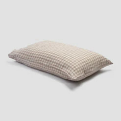 Mushroom Gingham Linen Pillowcase (Pair) -Bed Linings Sales Shop PigletinBed LinenPillowcase MushroomGingham greyBG 1