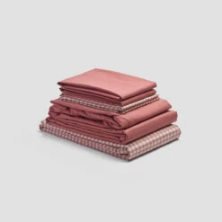 Red Dune Small Gingham Cotton Percale Bundle 16 Red Dune Small Gingham Cotton Percale Bundle -Bed Linings Sales Shop PigletinBed WashedCottonBedtimeBundle RedDuneGingham Mix Match V1 RedDunePlain greyBG