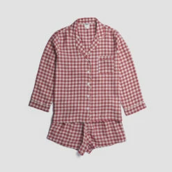Mineral Red Gingham Pajama Shorts Set -Bed Linings Sales Shop PigletinBed Women sLinenPyjamaShortsSet MineralRedGingham 1 greyBG 1