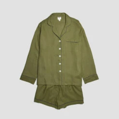 Moss Plain Linen Pajama Shorts Set 12 Moss Plain Linen Pajama Shorts Set -Bed Linings Sales Shop PigletinBed Women sLinenPyjamaShortsSet Moss 1 GreyBG 1