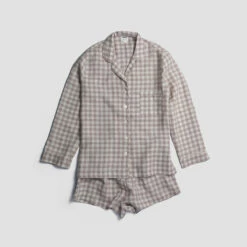 Mushroom Gingham Pajama Shorts Set -Bed Linings Sales Shop PigletinBed Women sLinenPyjamaShortsSet MushroomGingham 1 greyBG 1