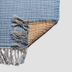 Warm Blue & Cafe Au Lait Textured Cotton Throw -Bed Linings Sales Shop PigletinBed WrinkleCottonThrow WarmBlue 03 greyBG